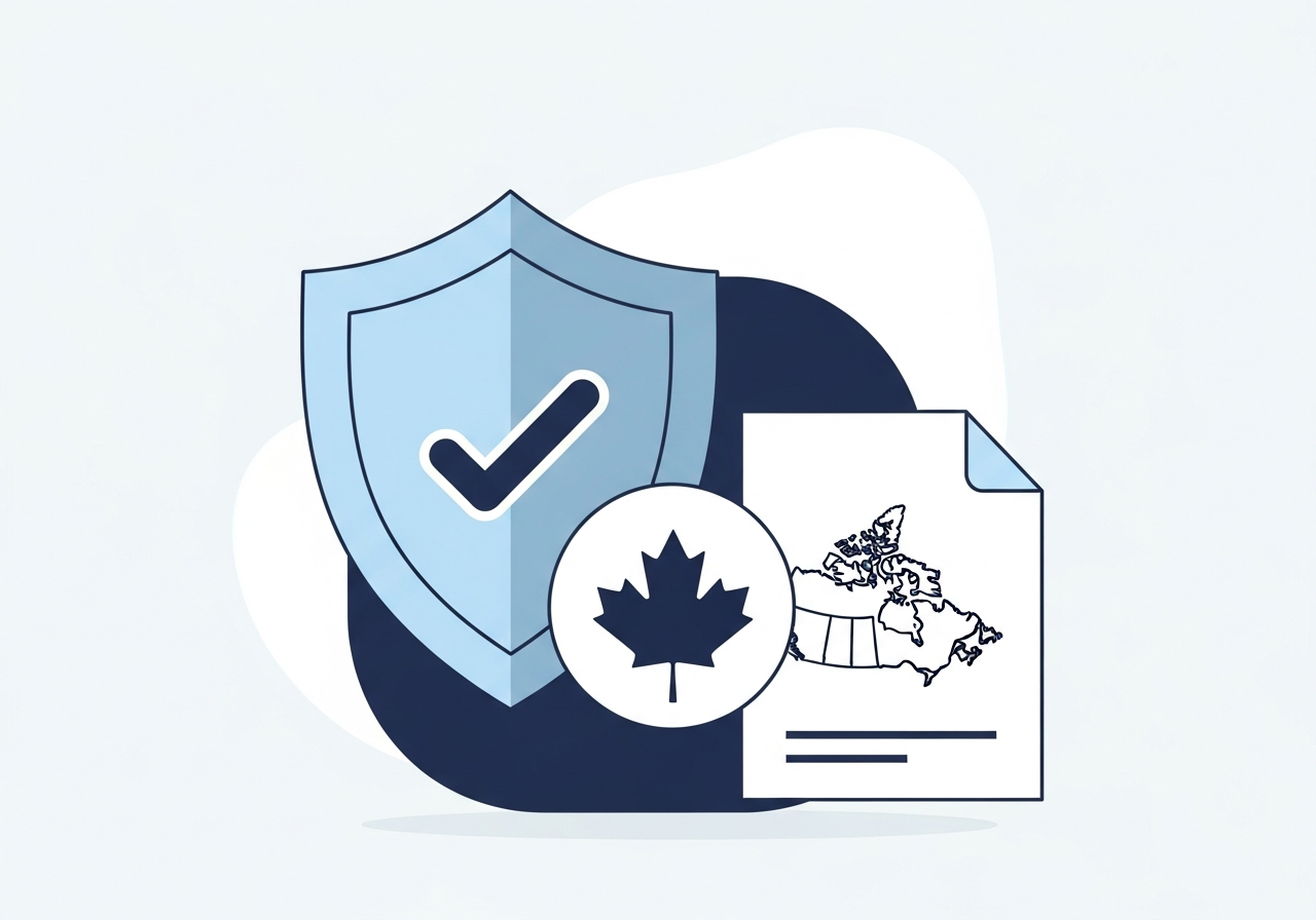 Illustration of a shield with a checkmark, a maple leaf and a document with a map of Canada representing Canadian compliance