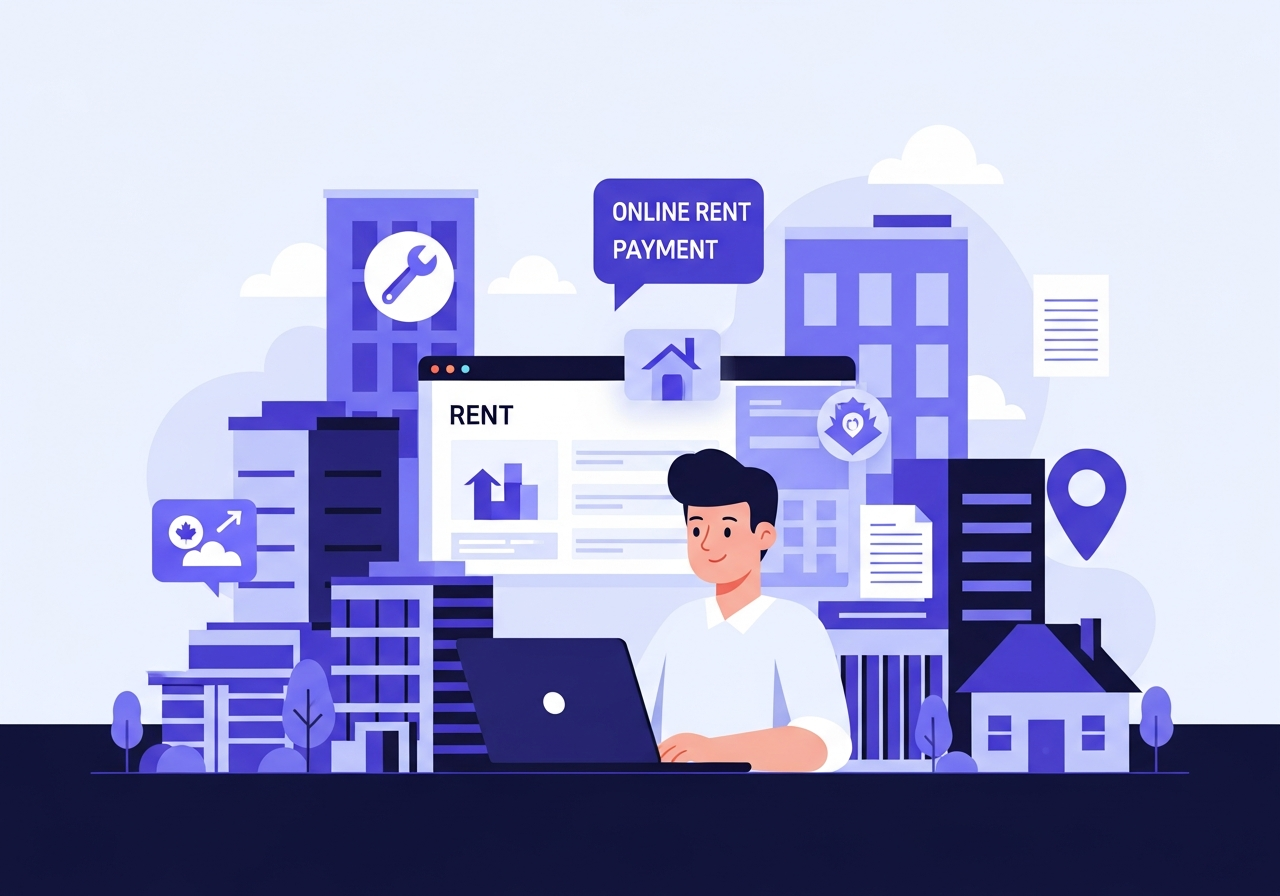 Illustration of a property manager using Nestio.ca to handle rent collection, maintenance, and Canadian buildings